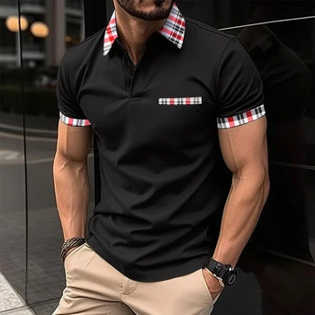 Summer Men's Casual Polo marškinėliai trumpomis rankovėmis Madingi plediniai atlapiniai marškinėliai Vyriški kvėpuojantys sagų polo marškinėliai Vyriški drabužiai
