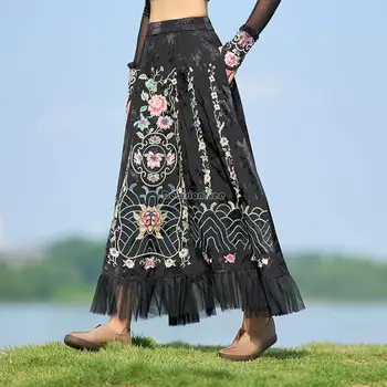 2023 nauja moteriška suknelė kinų tautinio stiliaus gėlių siuvinėjimas elastingas juosmuo ilgas sijonas elegantiškas verpalų apvadas retro sijonas T001