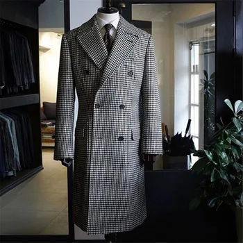 Houndstooth Vyriškas paltas Ilgas kasdienis vilnonis mišrus paltas Peak Lapel Blazer Pledas Vestuviniai smokingai Vientisas kostiumas Homme Mariage